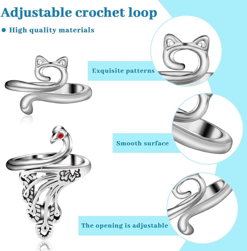 FOUSNOW 8 Pcs Crochet Ring, Adjustable Crochet Ring for Finger, Tension Rings Cat Yarn Guide Yarn Knitting Thimble, Faster Knitting Crocheting Accessories for Mother Grandma - Image 5